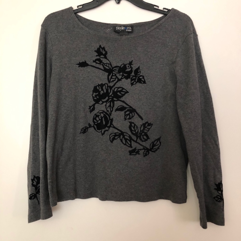 Gray and black floral long-sleeved sweater